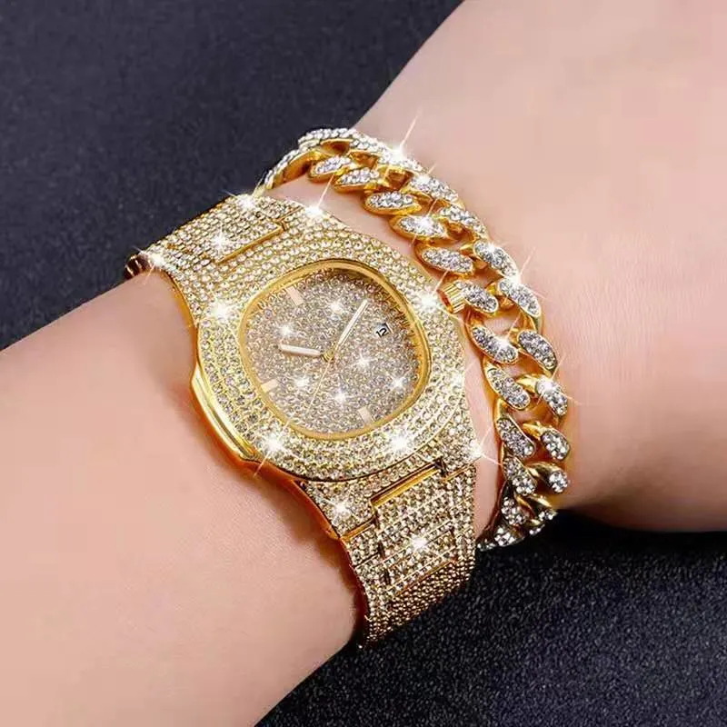 Hiphop Watches Men Cuban Chain Gold Iced out Paved Rhinestones Men Watch with Bracelet Set Watch for Men Wristwatches Gift