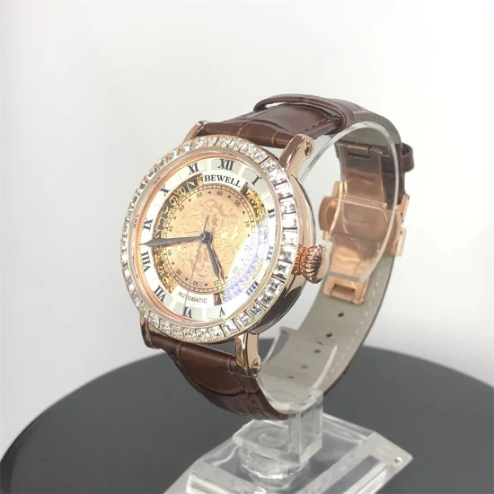 Bewell – montre automatique en alliage de zinc et diamant de haute qualité pour hommes, avec logo personnalisé, bracelet en cuir véritable, vente en gros